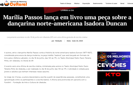 Matéria sobre o livro "Isadora", de Marília Passos