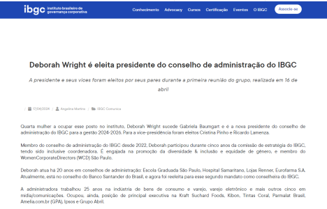 Notícia sobre Deborah Wright do site do IBGC